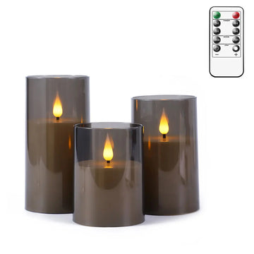 Pack of 3 Grey/Gold Acrylic Cup Flameless Candles Battery Powered Timer, Remote Control, LED Cylindrical Fake Glass Candle