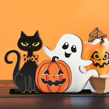 Halloween Decorations Wooden Cat Pumpkin Ghost Figurines Home Party Ornaments