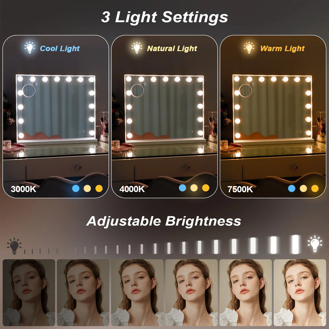 Large Bluetooth Vanity Mirror Makeup Mirror with Lights Hollywood Mirror Touchscreen Control Cosmetic Mirrors with 15 LED Bulbs