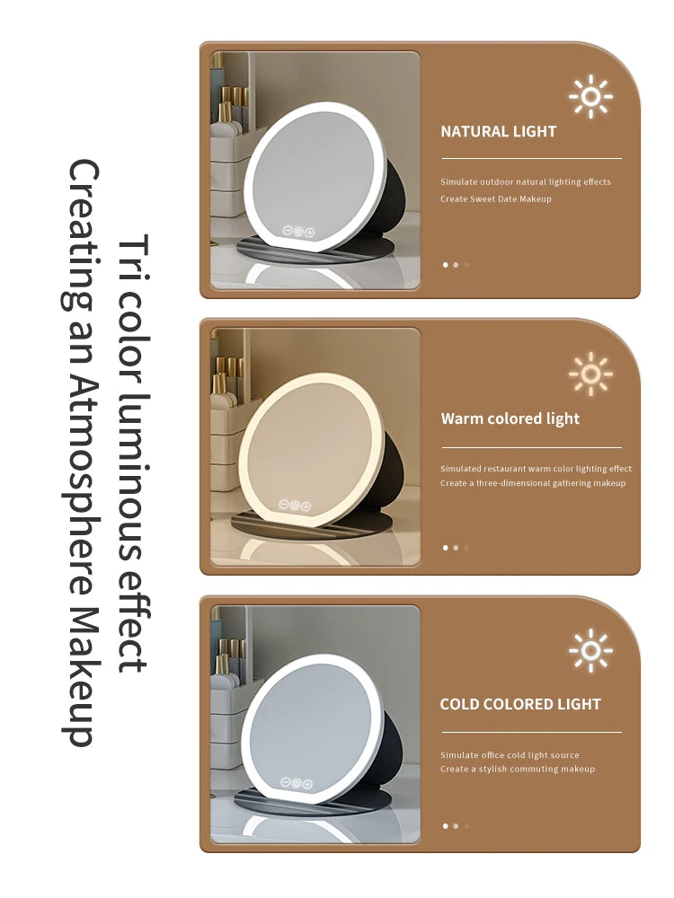3 Color LED Makeup Mirror Dimmable 8.66 & 7.28inch with Touch Screen Fold Adjust Cosmetic Mirrors Tabletop Travel & Home Use