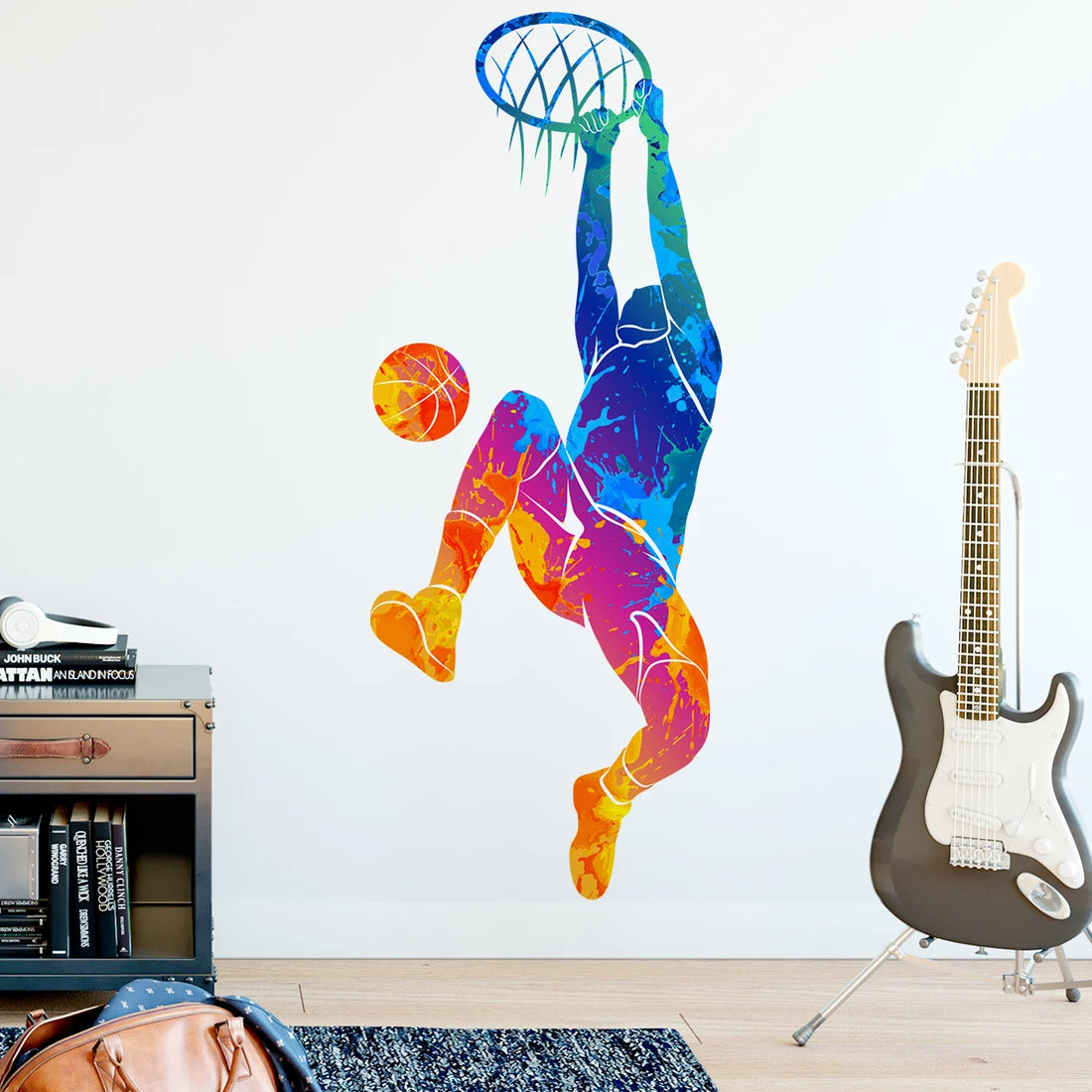 1pcs PVC Self-adhesive Basketball Wall Stickers for Boys Room Home Decor Watercolor Graffiti Slam Dunk Pattern Wall Decals
