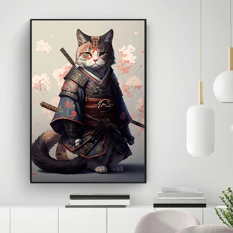 Japanese Cat Samurai Portrait Poster Print Canvas Painting Cute Animal Wall Art Picture For Living Room Home Decor Cuadros