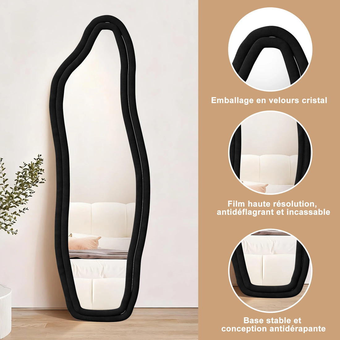 140 x 45 cm Irregular Wavy Full Length Mirror, Wall Mounted or Standing Floor Mirror with Crystal Velvet Frame for Bedroom, Living Room, Dressing Room, Hanging or Leaning Wall Mirror