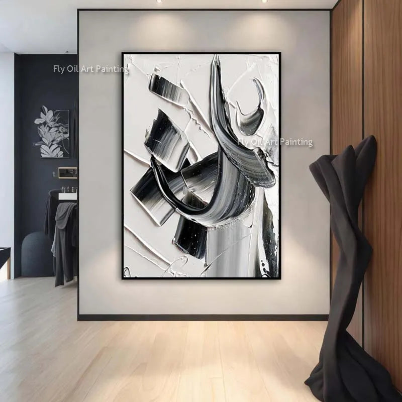 Palette Knife Abstract Painting Black And Wahite Abstract Thick Oil Canvas Painting Handmade Textured Minimalist Wall Art Decor