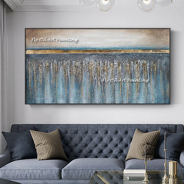 100% Handmade Oil Painting Gold blue beige Thick Art  Canvas Wall Pictures Art Wall Artwork For Dining Room Decoration