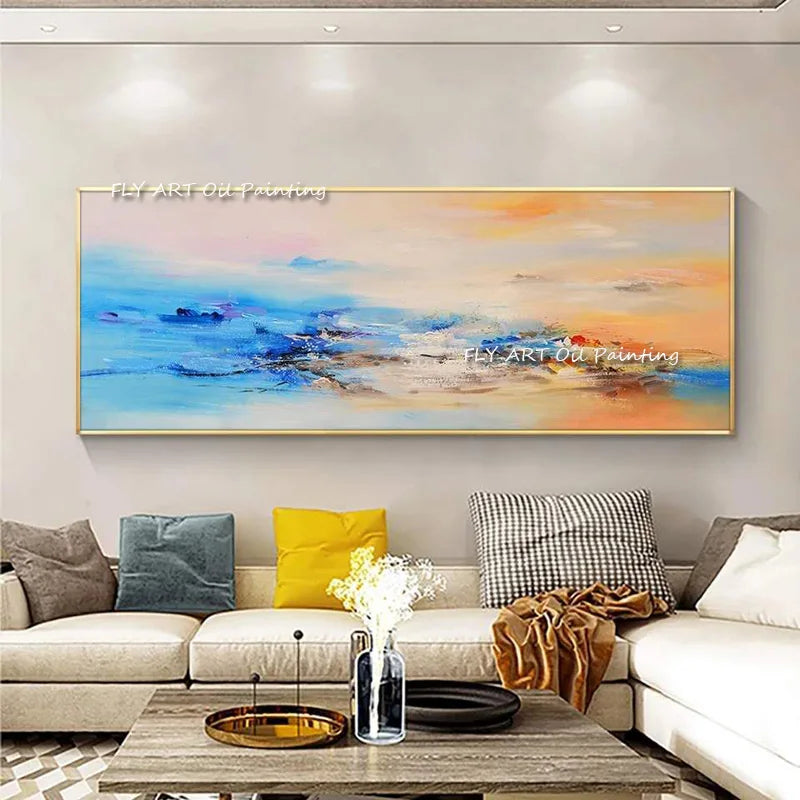 Large Sky Abstract Painting Blue Ocean Painting Landscape Abstract Painting White Cloud Oil Painting Large Wall Art