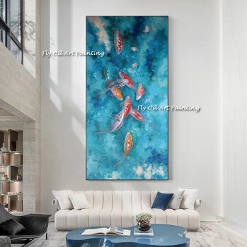 Oil Painting Artist Handmade High Abstract Fish  on Canvas Hanging Fishes Oil Painting Nine Koi Fish Landscape Painting