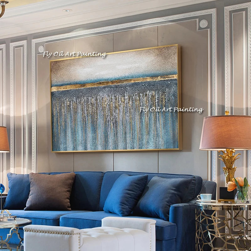 100% Handmade Oil Painting Gold blue beige Thick Art  Canvas Wall Pictures Art Wall Artwork For Dining Room Decoration