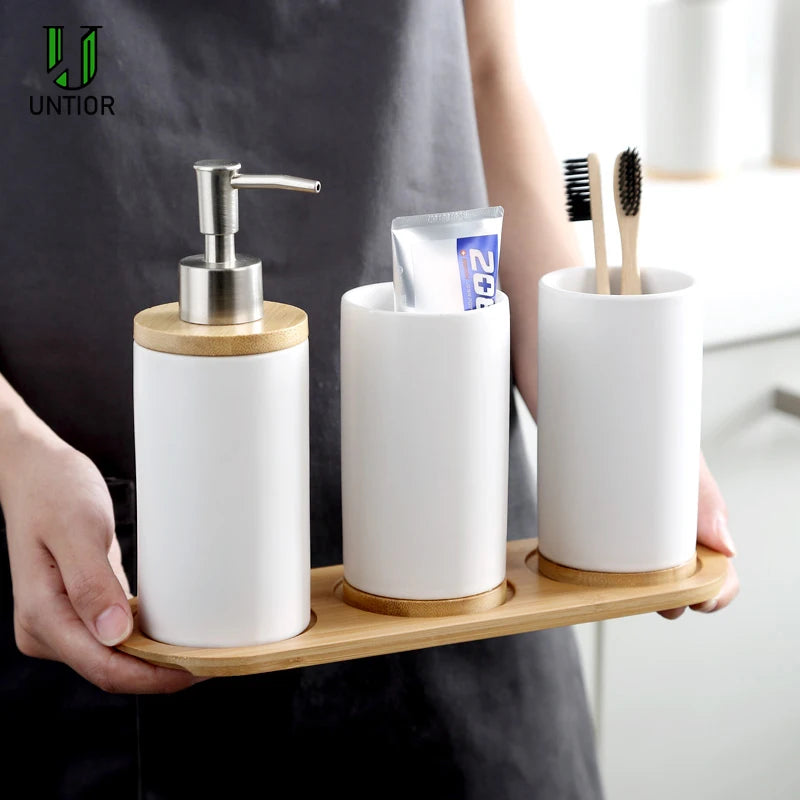UNTIOR Ceramic Bathroom Accessories Set with Bamboo Base Include Ceramic Tumbler Soap Dispenser Toothbrush holder Bathroom Set