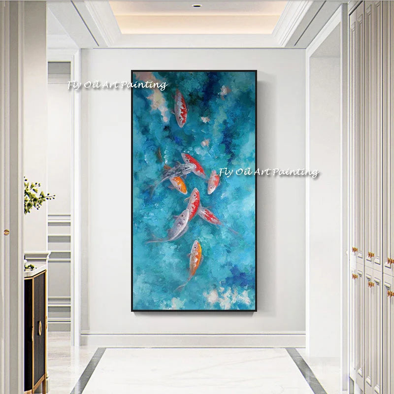 Oil Painting Artist Handmade High Abstract Fish  on Canvas Hanging Fishes Oil Painting Nine Koi Fish Landscape Painting
