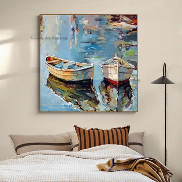 Modern Blue Sea And White Boats On The Sea Scape Oil Painting Handmade Abstract Green And Golden Yellow Canvas Wall Art Decor