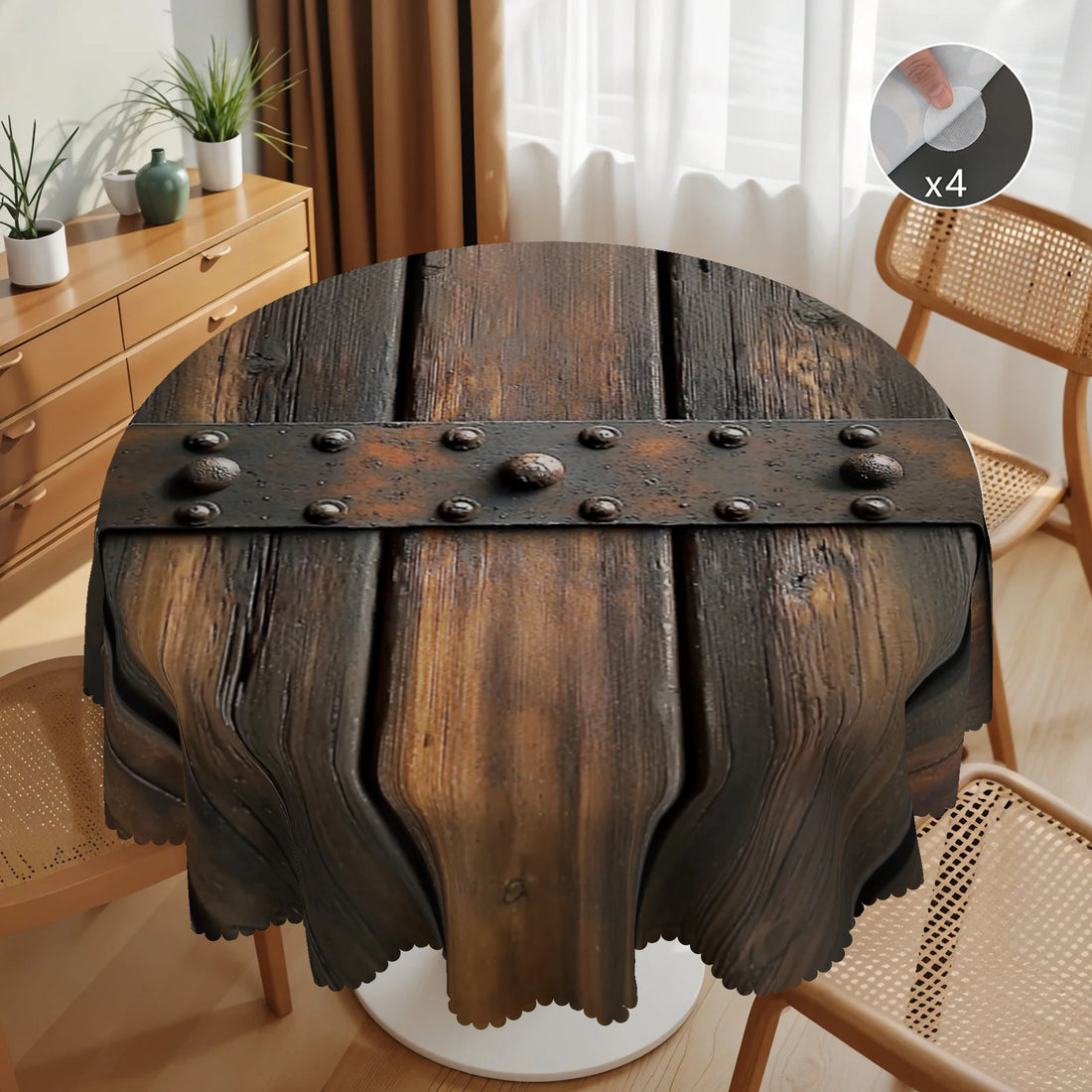 1pc Wood Grain Theme Polyester Tablecloth with Scalloped Edge, Suitable for Home Kitchen Decor, Room Decoration