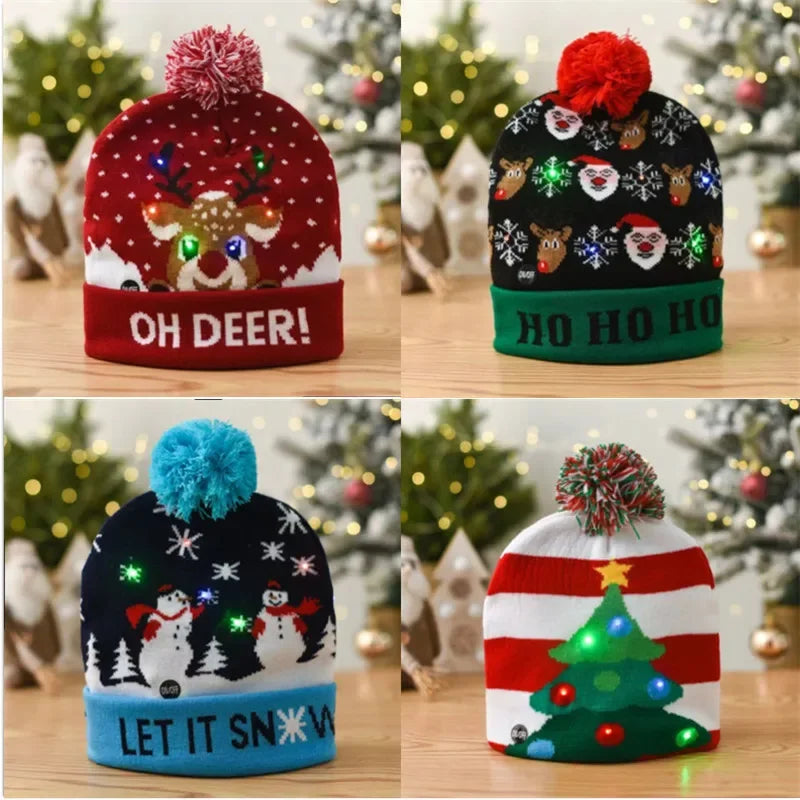 LED Christmas Hat with Lights 2025 Knitting Cap Xmas Ornament Home Decor Navidad Natal 2025 New Year Holiday Gift