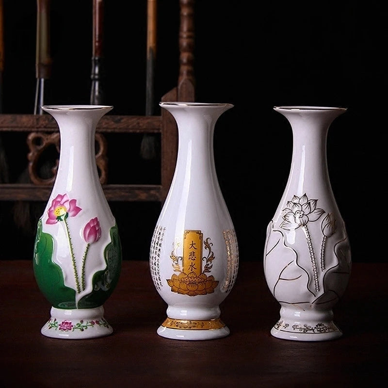 Ceramic white Buddha vase Flower arrangement device Lotus pattern Living room decor Buddhist temple supplies Ceramic containers
