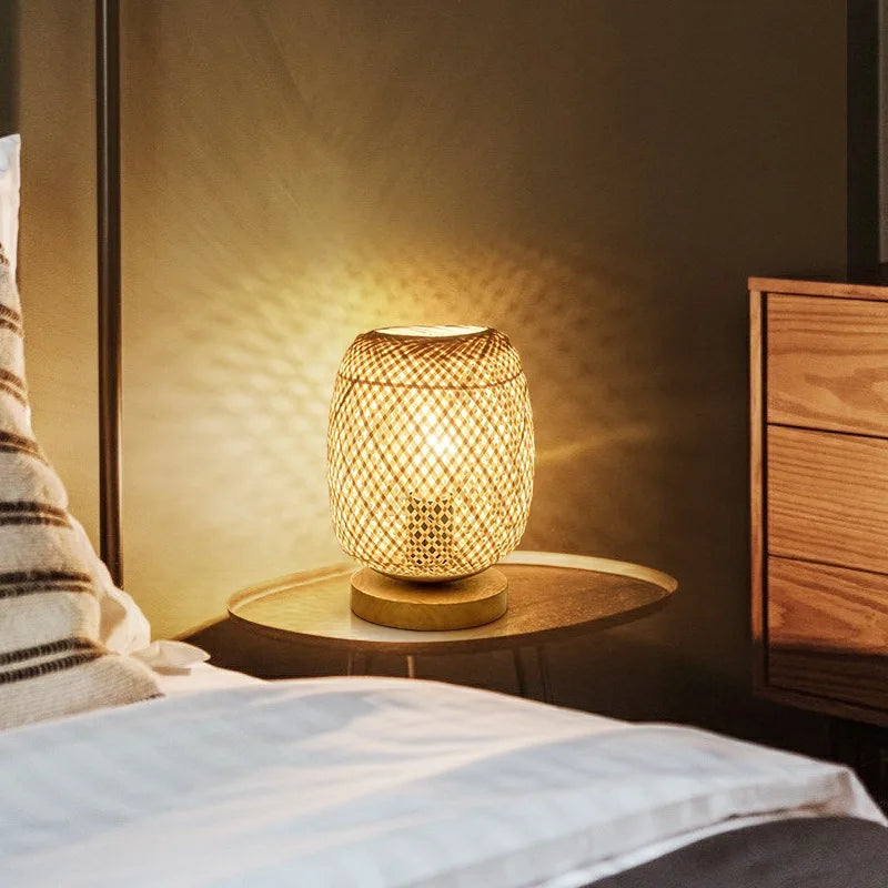 Bamboo Woven Table Lamp with Natural Wooden Base Bedroom Bedside Night Light Handcraft Reading Desk Home Decor