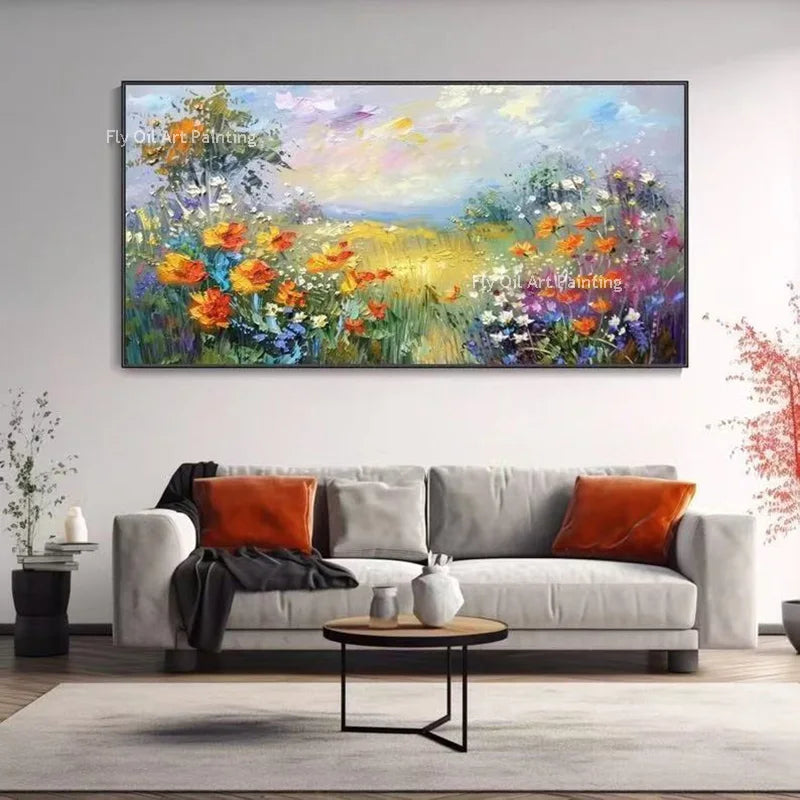 Hand Painted 3D Textured Oil Paintings On Canvas Wall Art Summer Pasture White Flower And Leaf Botanical Abstract Modern Unframe