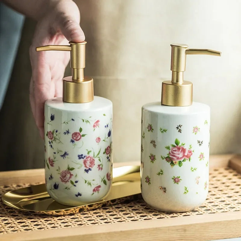 Ceramic Rose Liquid Soap Dispenser Household Bathroom Shower Gel Bottling Bottle Press-on Soap Dispensers Bathroom Accessories