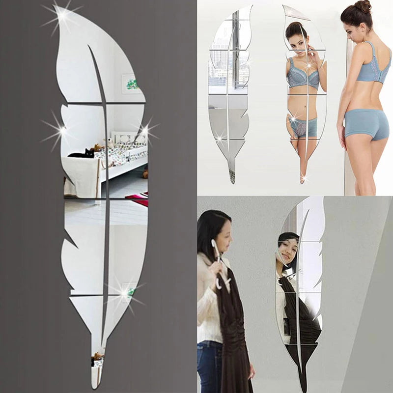 DIY Feather Plume 3D Mirror Wall Sticker Living Room Art Home Decor Vinyl Decal