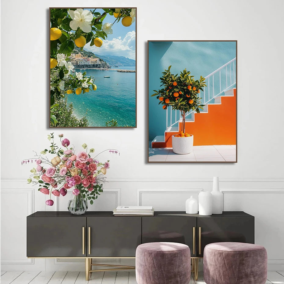Italian Lemon Orange Olive Tree Retro Mediterranean Greece Landscape Poster Canvas Painting Wall Art Pictures Home Decoration
