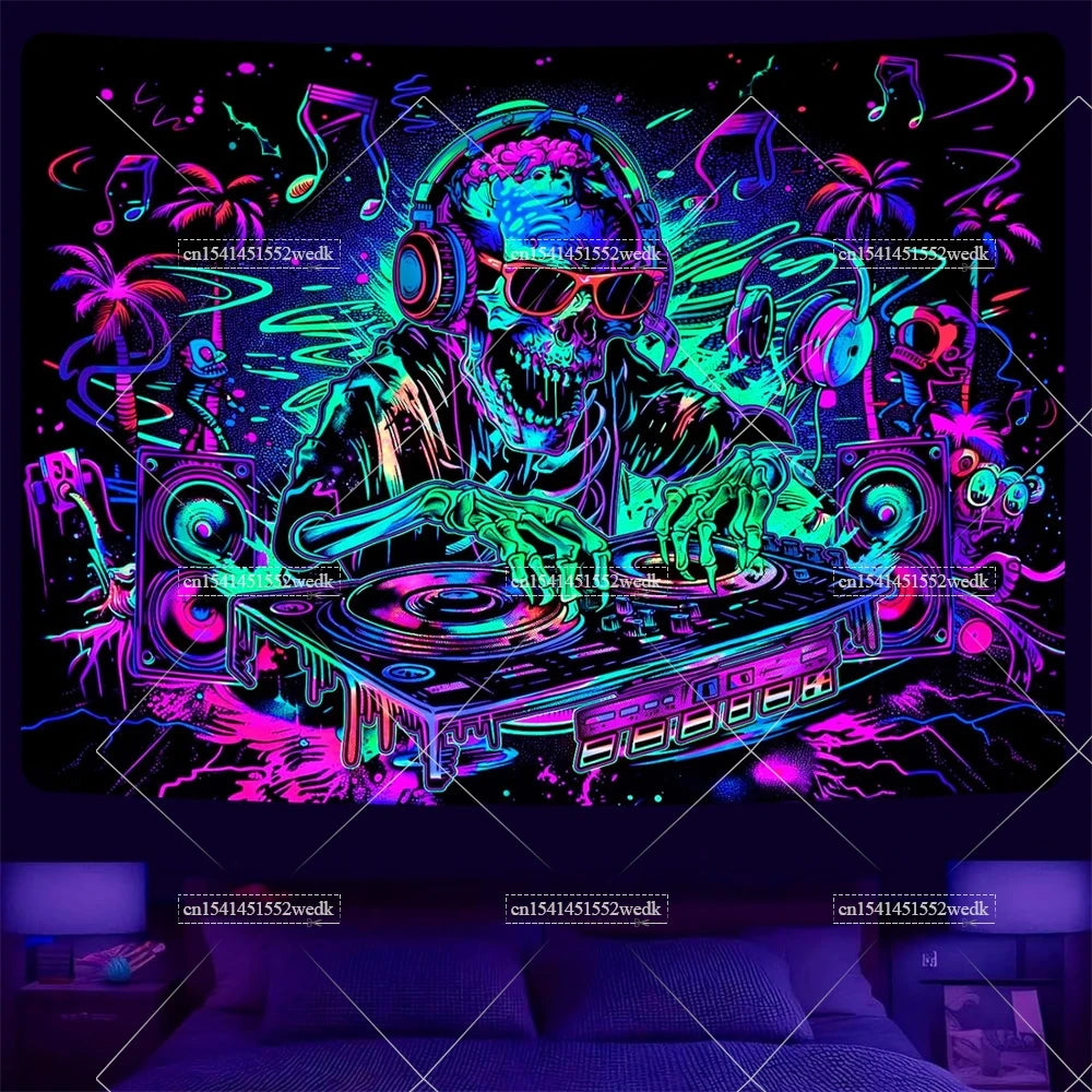 Skull Blacklight Tapestry UV Reactive Trippy Hip Hop DJ Skeleton Tapestry Neon Wall Hanging Room Decor Aesthetic Party Backdrops