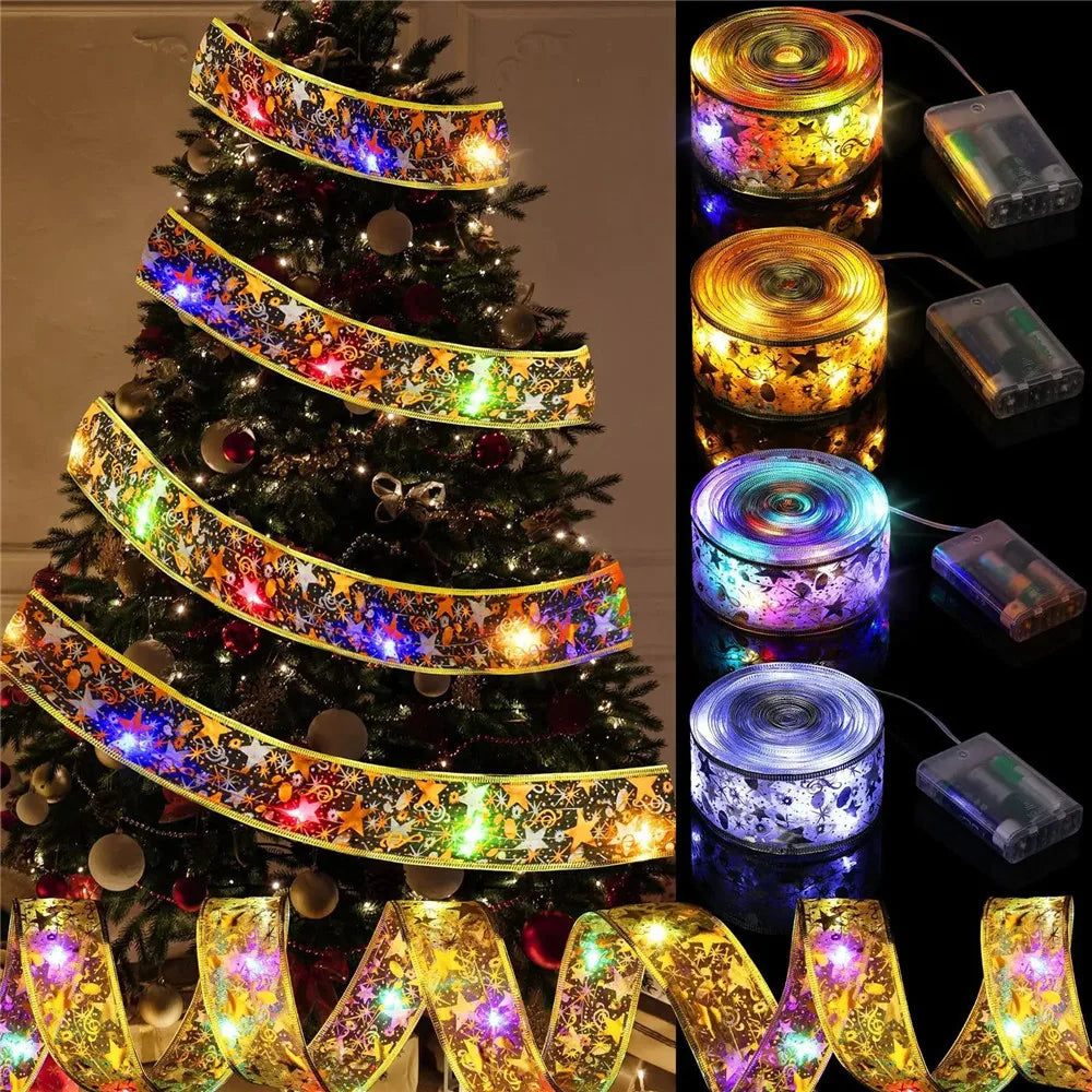 2-10M Christmas Bow Decoration Golden Christmas Ribbon Fairy String Lights for Home Party Christmas Tree and Gift Decor