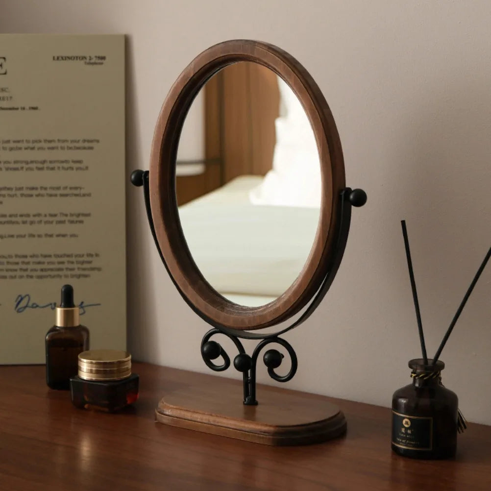 Retro Bedroom Desktop Mirror Solid Wood Makeup Mirror Home Desktop Chinese Style Rotatable Vanity Mirror Room Decoration