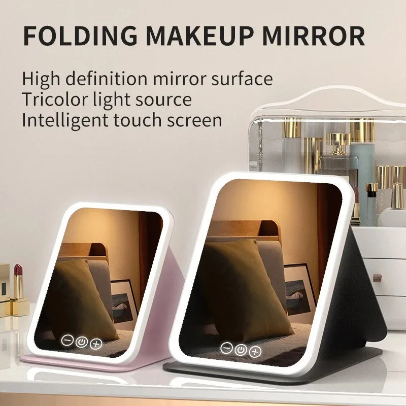 3 Colors Makeup Mirror LED Vanity Mirror with Touch Screen USB Rechargeable Dimming 3 Brightness Portable Fold Mirror Tabletop