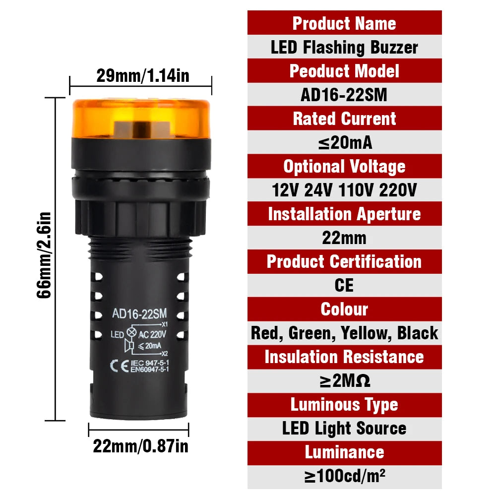 AD16-22SM 22mm Panel Diameter AC DC 12V 24V 110V 220V Flash Signal Light Red LED Active Buzzer Beep Alarm Indicator Green Yellow