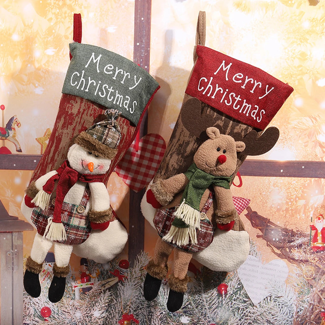 Christmas Stockings Large Santa Snowman Reindeer Set - Festive Hanging Decor, Gift Bags for Candy