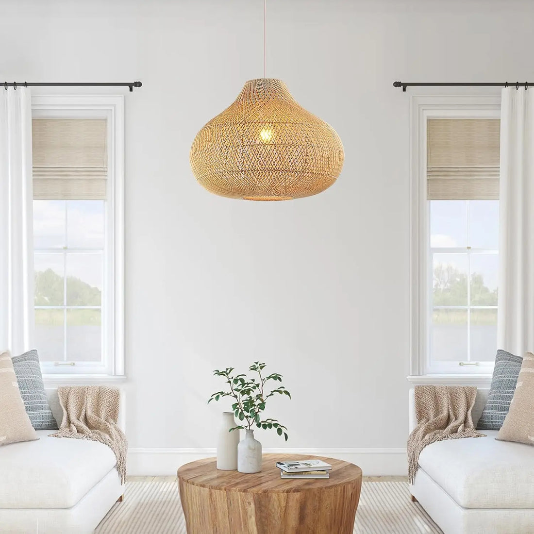 40CM Rattan Pendant Light Rattan Boho Wicker Chandelier Hand-Woven Basket Pendant Light Fixtures for Dining Living Room