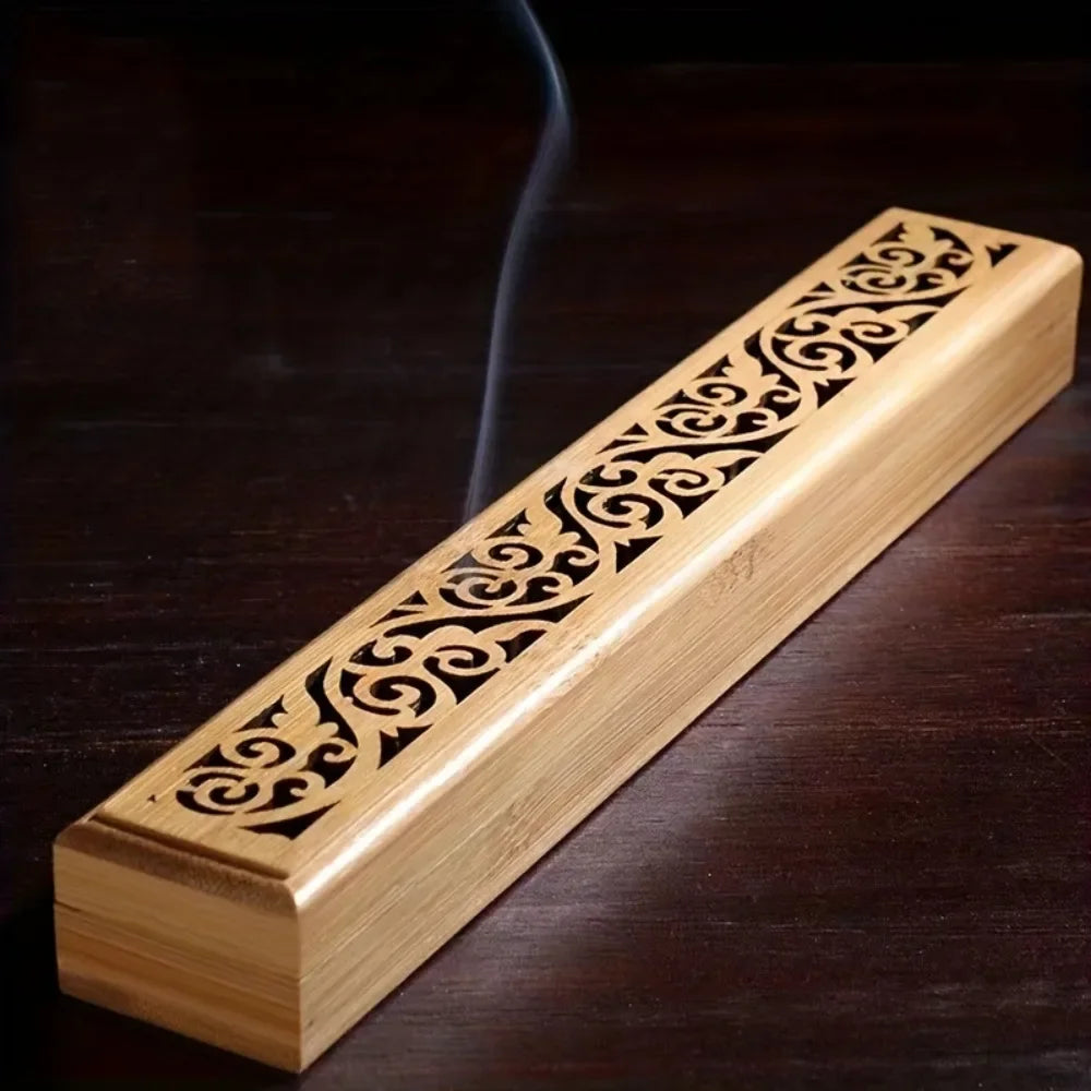 Natural Bamboo Incense Burner With Laying Plate Aromatherapy Wooden Box For Incense Storage Burning Hollowed Line Incense Box