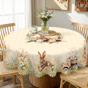 Cute Rabbit-Themed Tablecloth, Apricot Plaid Style, with Tulips, Daisies and Other Flowers, Lying Cute Rabbit, Cross, Pine Cone and Egg Patterns, Multiple Size Options, Embossed Edges, Waterproof, Wrinkle-Resistant, Fade-Resi