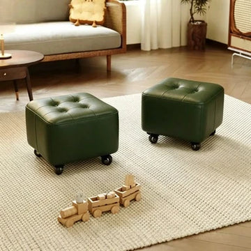 Square Leather Stool with Wheels Low Rolling Footrest Shoe Changing Stool for Living Room Bedroom Entryway Leather Stool Bench