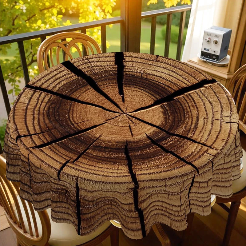 One Piece, Natural Wood-Themed Polyester Tablecloth + 4 Self-Adhesive Stickers, Round/Rectangular Tablecloth, Classic Natural Wood Style, Solid Wood Texture with Annual Ring Print Pattern, Embossed Edges, Suitable for Home Ki