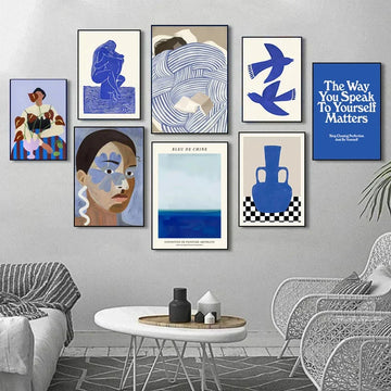 Abstract Blue Geometric Face Lines Canvas Painting Curve Girl Vase Dove Wall Art Posters Print Picture Nordic Bedroom Home Decor