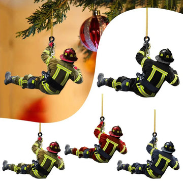 Christmas Decor Fireman Ornaments Xmas Tree Firefighter Car Rear View Mirror Pendants Acrylic Hanging Decorations Noel Natal