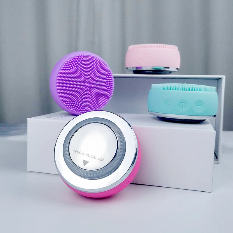 2 In 1 LED Light Therapy Silicone Heating Face Cleanser Massage Sonic Facial Cleansing Brush Massager Waterproof