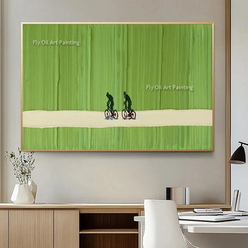 Hand Made Green Beige Land People Riding Bike Canvas Thick Wall Art Decor For Home Abstract Green White Golf Course Oil Painting