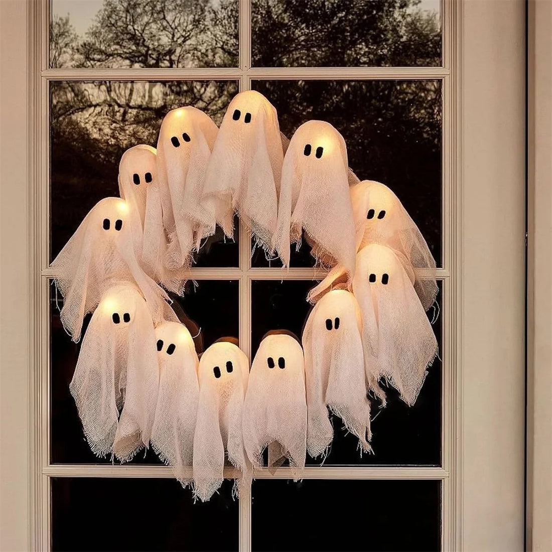 LED Light Up Halloween Ghost Wreath Spooky Glowing Garland for Front Door Wall Decor Battery Powered Indoor Outdoor Holiday