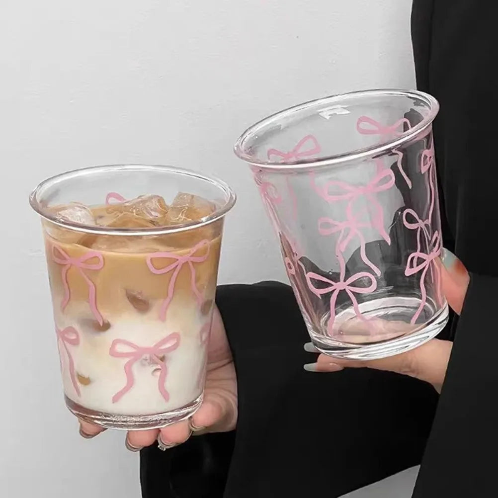 Ins Glass Cup Cute Bow Coffee Mug Milk Coffee Breakfast Cup Transparent Glass Cups Household Fruit Tea Lemonade Mug Gift