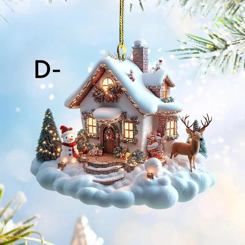 Christmas Decorations Acrylic Winter Village Houses Pendant Charming Snow House Pendant For home Family Holiday Xmas Tree