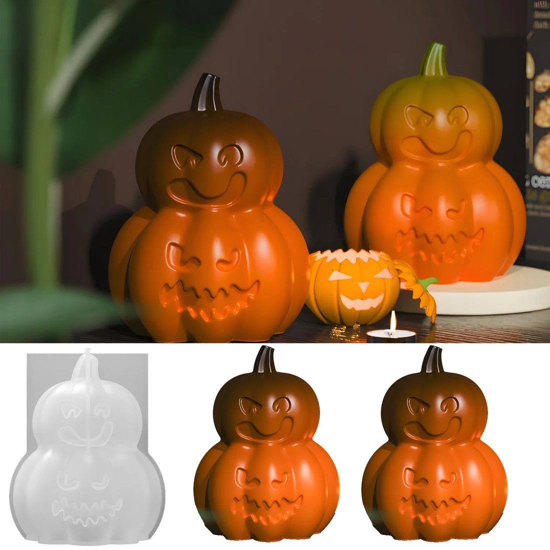 Diy epoxy resin mold horror smiley pumpkin candle silicone mold Halloween lantern decoration ornament plaster cement casting