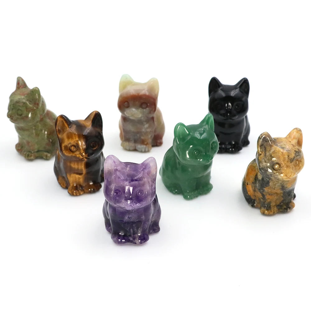 Natural Stone Hand Carved Cat Statue Healing Crystal Amethyst Black Obsidian Animal Figurine Crafts Chakra Meditation Home Decor