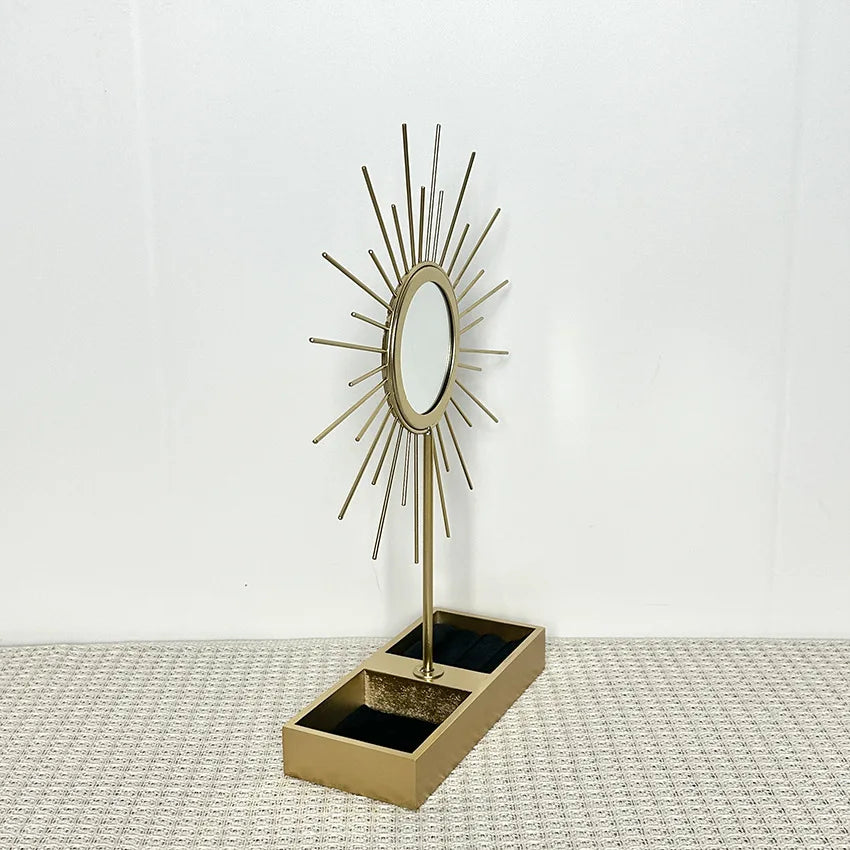 Jewelry Display Shelf with Mirror Ornament Sun Shaped Desktop Storage Rack Jewelry Earrings Rings Organizer Home Decoration
