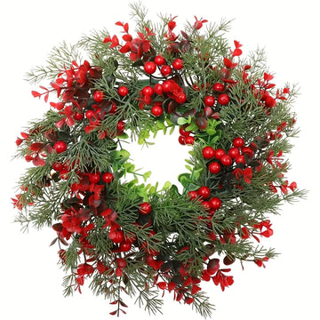 1Pc Artificial Christmas Red Berry Wreath, Front Door, Christmas Wreath Wall, Green Leaf Artificial Red Berry Wreath, Porch, Far