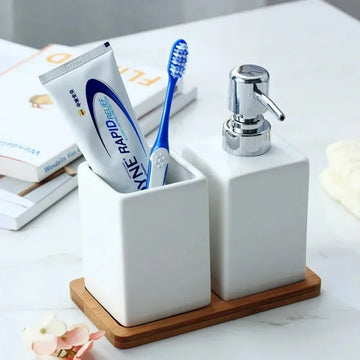 Ceramic Hand Washing Liquid Bottling with Cup Wood Pad Hotel Soap Dispenser Emulsion Bottle Bathroom Accessories with Wood Tray