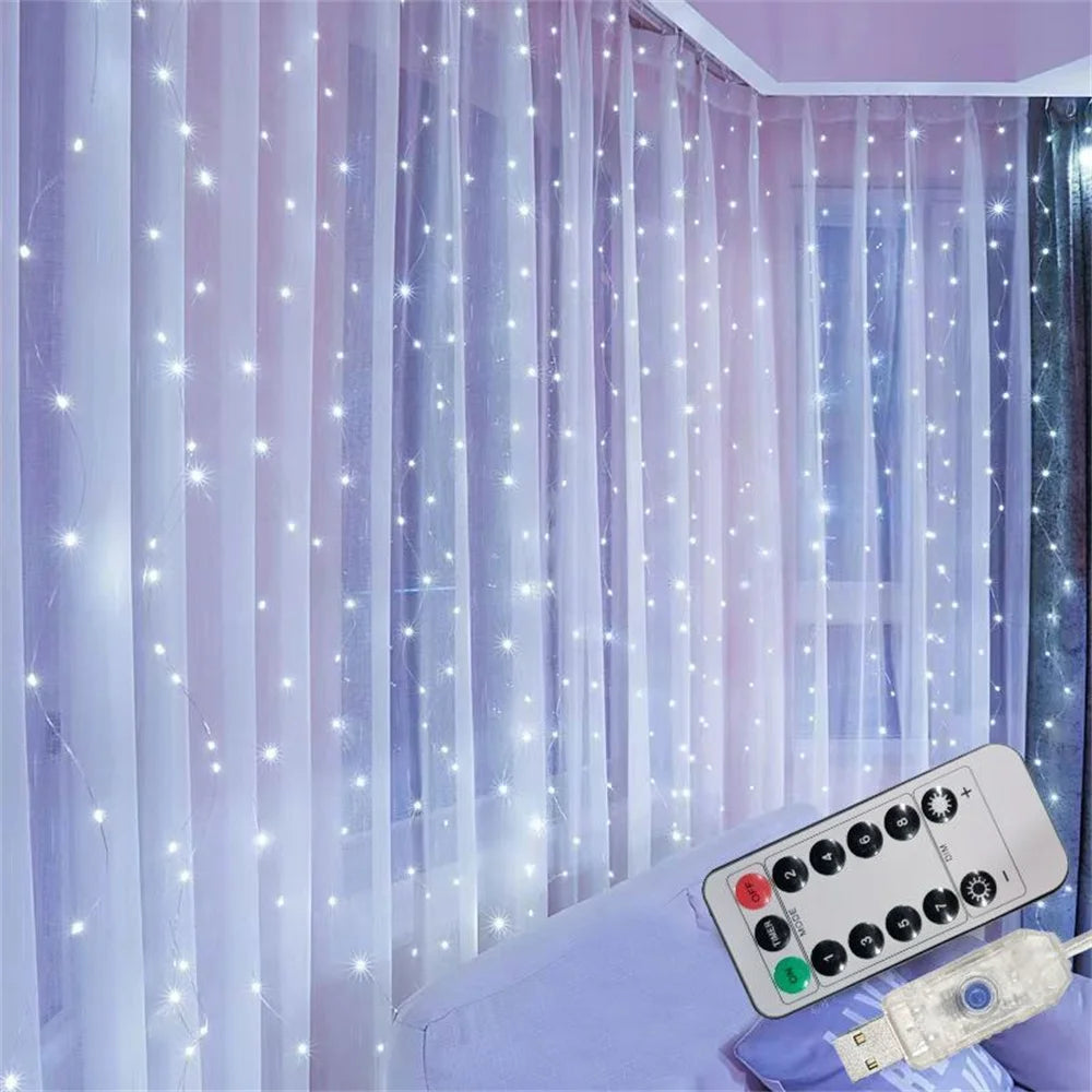 USB Plug LED Curtain String Lights 8 Modes Remote Control Garden Indoor Holiday Bedroom Christmas New Year Wedding Decoration