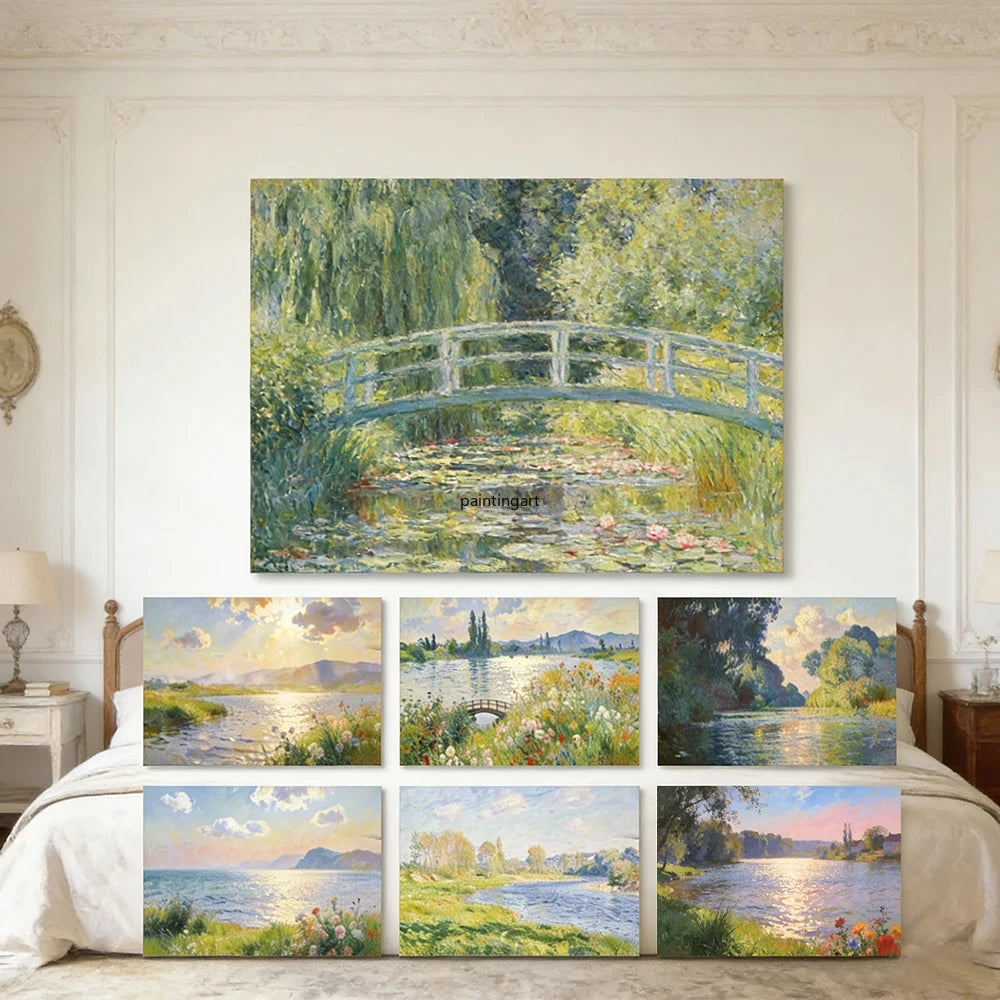 France Monet Water Lily Bridge Canvas Wall Art Impressionist Big Painting Prints Vintage Artist Decor Living Room Bedroom Office
