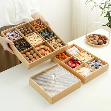 Bamboo Divide Grid Snack Tray Home Use with A Lid Moisture-proof Nut Tea Leaves Storage Box Pastry Tray Dried Fruit Box