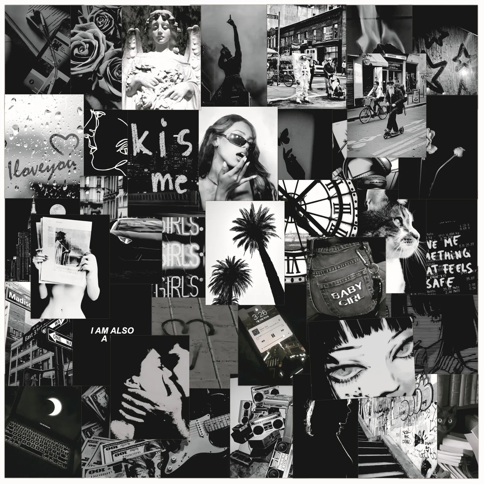 50pcs Black and White Personality Trend Series Graffiti Stickers Suitable for Wall Decoration DIY Sticker Pack with Storage Box